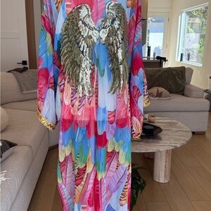 Festival Feather Print Kaftan with Gold Wing Design